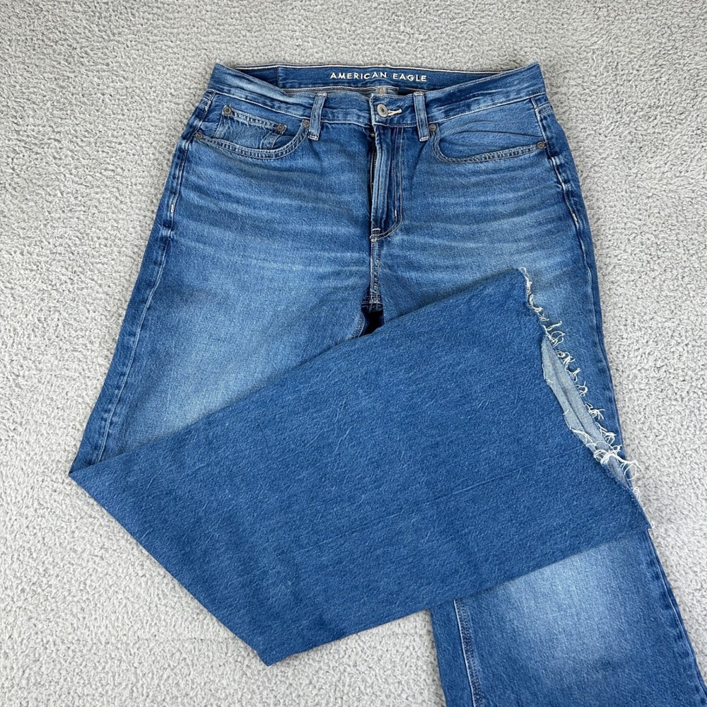 American Eagle Jeans Womens 6 Blue‎ Low Rise Baggy Flare Raw Hem Denim Boho